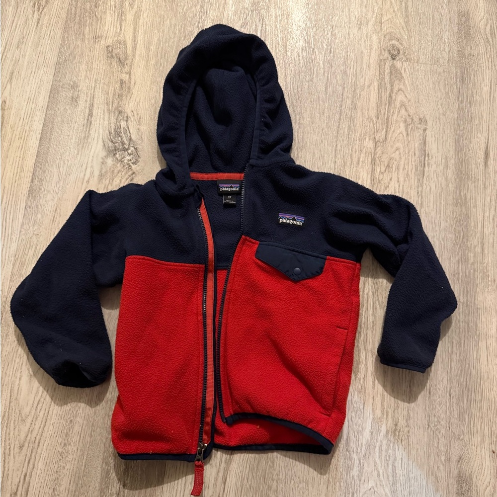 Patagonia Kids Red and Navy Hooded Fleece Jacket